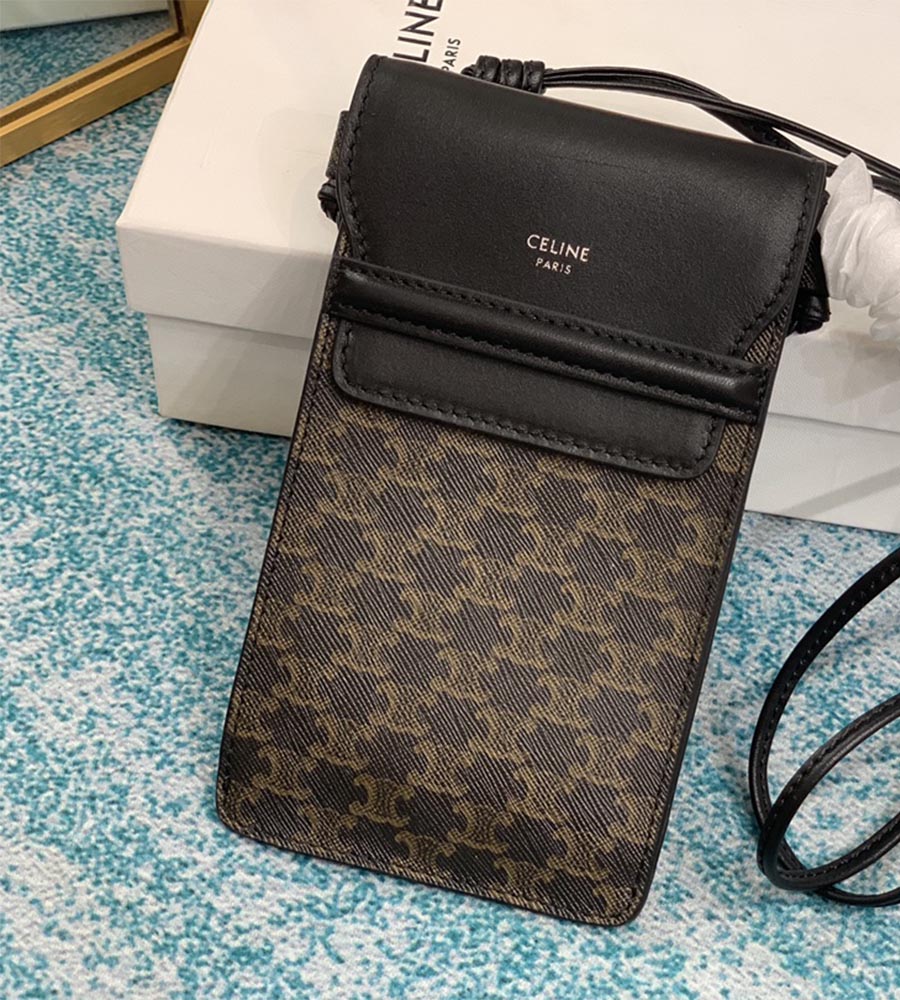 Celine Phone Pouch with Flap in Triomphe Canvas and Lambskin